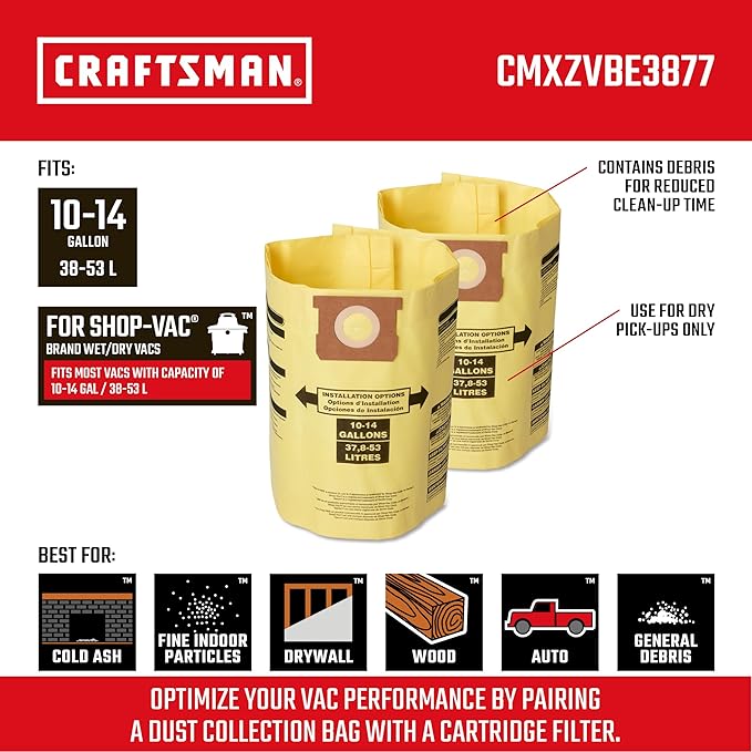 CRAFTSMAN CMXZVBE3877 Fine Dust Wet Dry Vac Dust Collection Bags for Most 10 to 14 Gallon Shop Vacuums, Collects Dry Fine Debris, Reduces Cleanup Time, 2-Pack