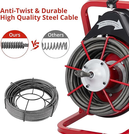 Drain Cleaner Machine 75FT x 1/2 Inch, Powerful Plumbing Auger with 4 Cutter Heads, Air-Activated Foot Switch, Gloves, Portable Sewer Snake for 1"-4" Pipes, Ideal for Bathroom and Kitchen Clogs