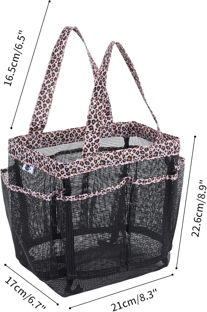 2 Pack Haundry Mesh Shower Caddy Tote Bag Hanging Portable Toiletry Bag College Dorm Essentials Quick Dry Bath Organizer for College Dorms, Gym, Camp for Bathroom Accessories(Leopard print)