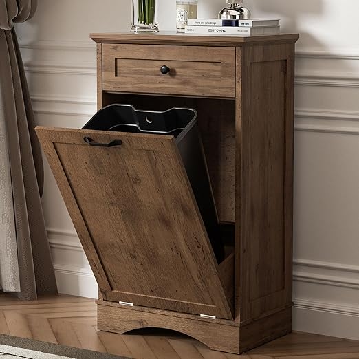 AHB 13 Gallons Tilt Out Trash Cabinet Hidden Trash Can Cabinet Freestanding Garbage Recycling Cabinet with Hideaway Drawer Pet Proof Trash Bin for Kitchen Living Room, Vintage Oak