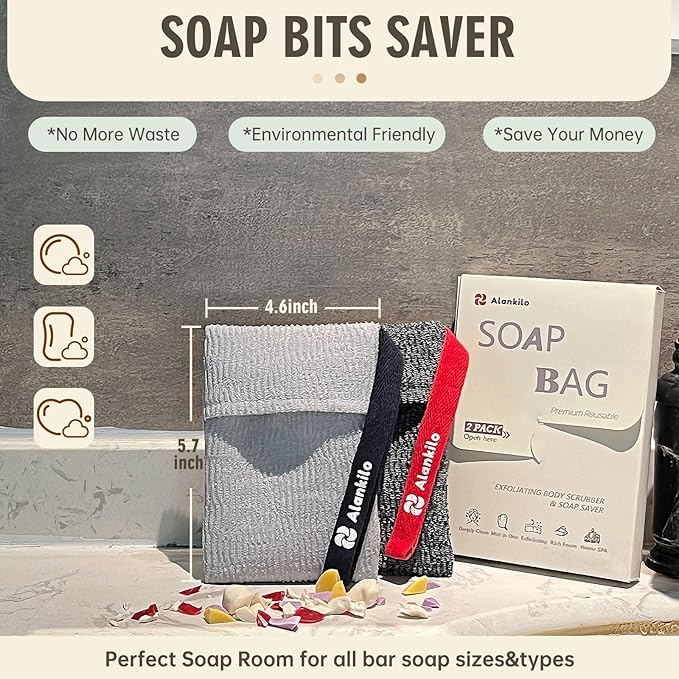 2 Pieces Soap Bags for Soap Bars, Exfoliating Soap Saver Bags, Foaming Bar Soap Pouches for Use in Baths or Showers (Dark Gray)