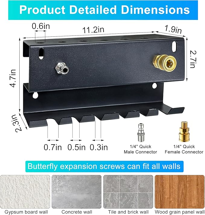 Wall-Mounted Pressure Washer Gun Holder - Universal 1/4" Quick Connect Rack for Gun, Foam Cannon & Nozzles | Rustproof Metal Storage for Garage, Car Wash, Garden(C-PWGH-S)