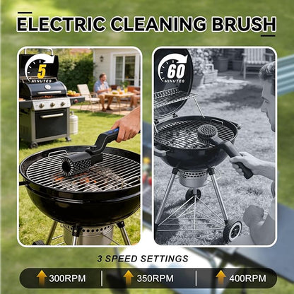 Vahrelo Grillmaster Pro Electric BBQ Grill Brush, Cordless Rotary Cleaner, 300 350 400 RPM Speeds, 180 Degree Adjustable Head, Type C Charging for Outdoor Grates