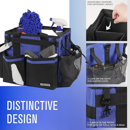 SCAVATA Compact Wearable Cleaning Caddy, Small Supplies Organizer with Handle & Shoulder Straps for Housekeepers, Under Sink & Car Cleaning Tool Organizer Bag (Blue)