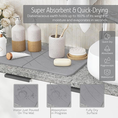 LARGE | PREMIUM | Stone Dish Mat + Bamboo Rack | 24” x 16” | Foldable (Light Gray)
