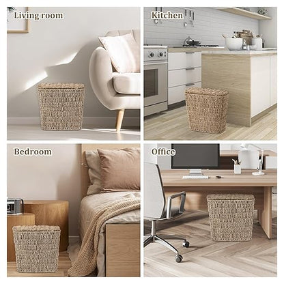 Wicker Waste Basket with Lid and Liner, Woven Seagrass Trash Can, Bathroom Trash Can, Boho Garbage Wastebasket for Bedroom Home Living Room Office Kitchen, 2.5 Gallon