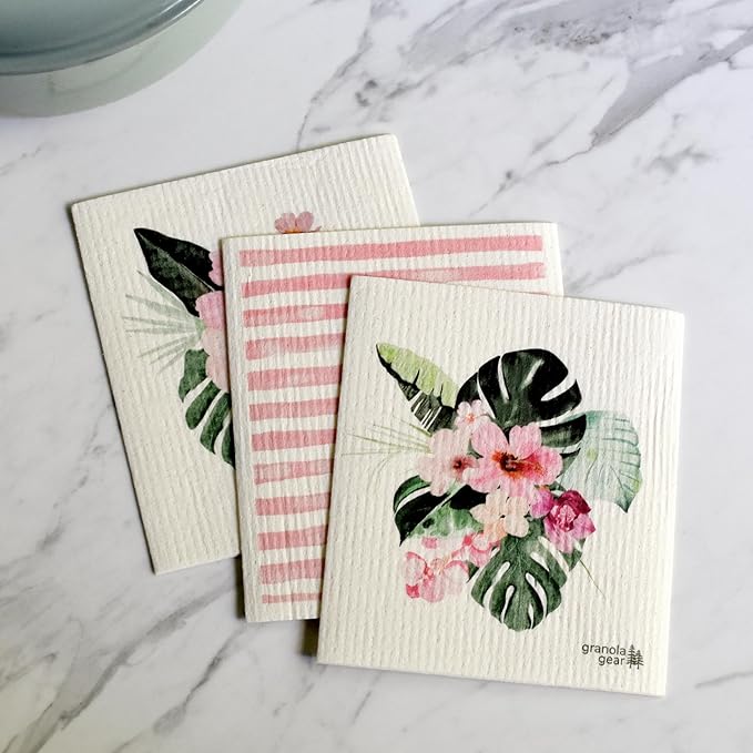 Swedish Dishcloths for Kitchen 6-Pack Reusable Paper Towels, Eco-Friendly, Compostable, Biodegradable Dish Wash Cloths, Washable Sponge, Watercolor Flower Art-Tropic Like It's Hot