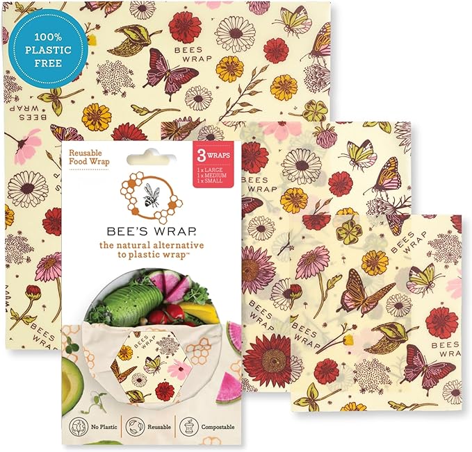 Bee's Wrap Beeswax Wraps for Food - 3 Pack of Assorted Beeswax Wraps - Small, Medium & Large Wrap - Plastic Free Made in USA Reusable Natural Food Wrap - Meadow Magic Print