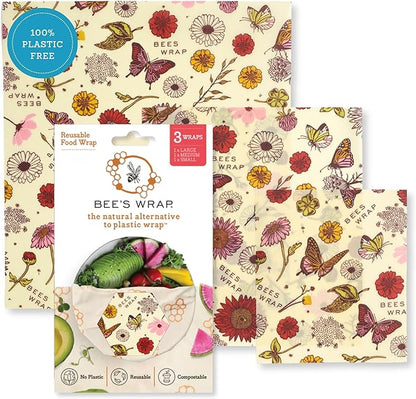 Bee's Wrap Beeswax Wraps for Food - 3 Pack of Assorted Beeswax Wraps - Small, Medium & Large Wrap - Plastic Free Made in USA Reusable Natural Food Wrap - Meadow Magic Print