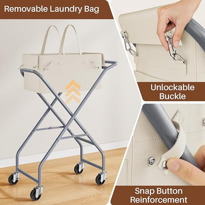 No-Bend Laundry Cart- Rolling Hamper with Locking Wheels & Handle, Foldable Basket Screw-Free Assembly, Durable Metal Frame & Removable Liner Bag for Bedroom & Bathroom (Beige)