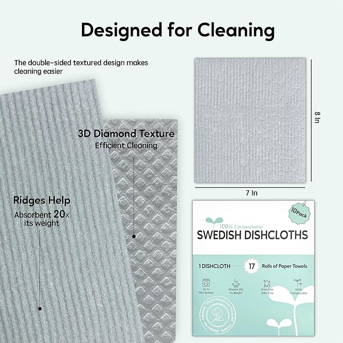 Swedish Dishcloths for Kitchen, 10 Pack Swedish Dish Cloths, Ultra Absorbent Reusable Paper Towels, Cellulose Sponge Cloths, Quick Drying, No Odor, Dishwasher Safe