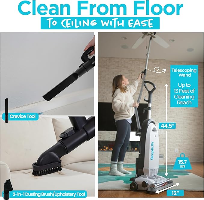 Simplicity Vacuums Allergy Upright Bagged Vacuum Cleaner and Pet Hair Remover Upholstery Tool Bundle, Lightweight Vacuum Cleaner for Floor and Carpet, Certified HEPA Filter and Bag Included