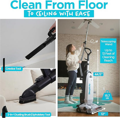 Simplicity Vacuums Allergy Upright Bagged Vacuum Cleaner and Pet Hair Remover Upholstery Tool Bundle, Lightweight Vacuum Cleaner for Floor and Carpet, Certified HEPA Filter and Bag Included