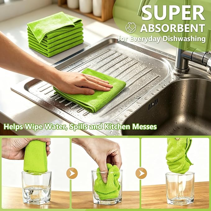 Kitchen Dish Cloths, 12 Pack, 10 x 10 Inches, Absorbent Coral Velvet Dish Towels, Soft Lint Free Reusable Dish Cloths for Dishes, Sink and Countertop, Green