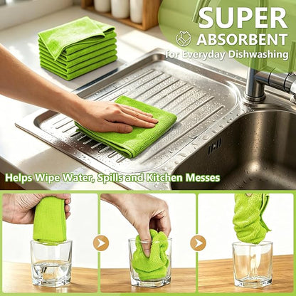 Kitchen Dish Cloths, 12 Pack, 10 x 10 Inches, Absorbent Coral Velvet Dish Towels, Soft Lint Free Reusable Dish Cloths for Dishes, Sink and Countertop, Green