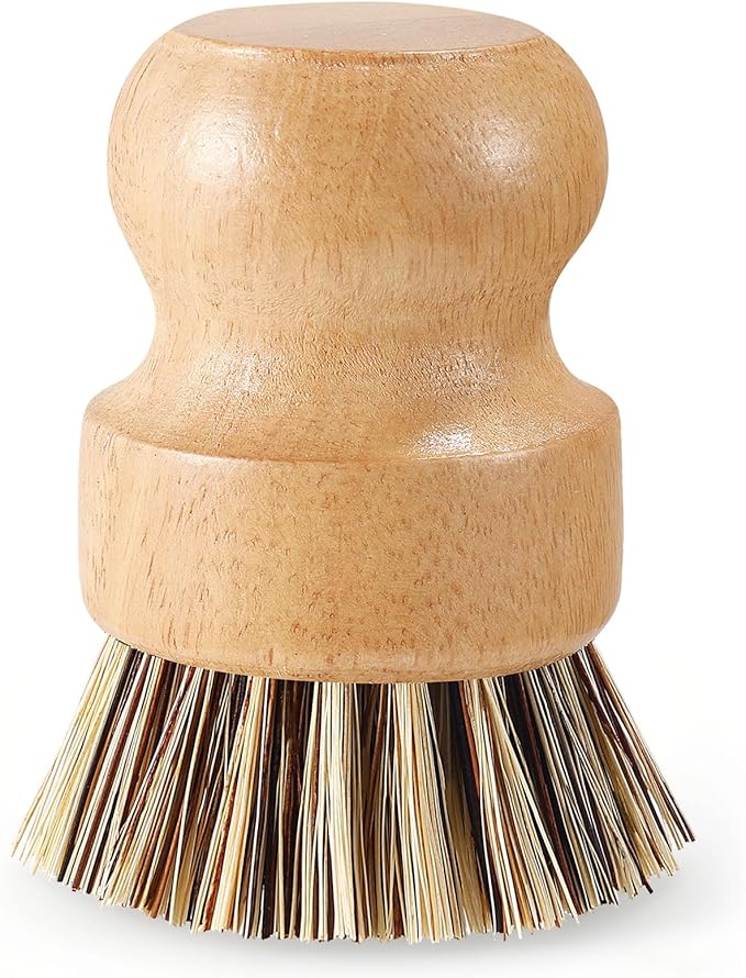 Wooden Dish Brush with Metal Stand Handheld Bamboo Wok Brush Scrubber for Dishes Pans Pots Fruit and Veggie Washing(1,Beige Brown)