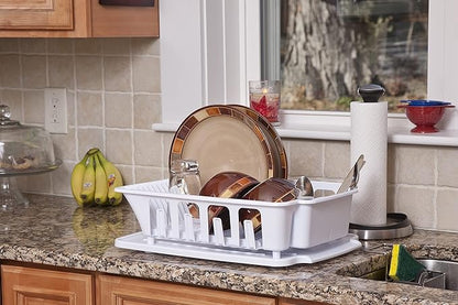 STERILITE 2-Piece Large Sink Set Dish Rack Drainer, White (18 L x 13 3/4" W x 5 1/2" H), 3/4" L x 3/4" W x