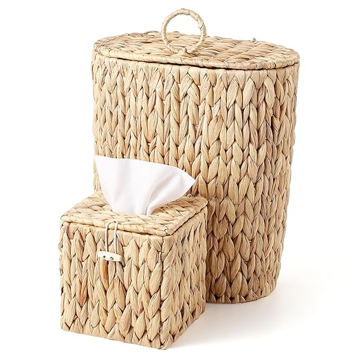 BSSN Water Hyacinth Wicker Trash Can with Lid and Tissue Box Cover Set, 3 Gallon Rattan Bathroom Wastebasket, Boho Bathroom Accessories for Bedroom, Toilet, Office, Natural