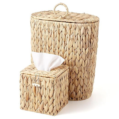 BSSN Water Hyacinth Wicker Trash Can with Lid and Tissue Box Cover Set, 3 Gallon Rattan Bathroom Wastebasket, Boho Bathroom Accessories for Bedroom, Toilet, Office, Natural