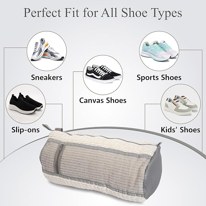 Shoe Washing Machine Bag, 2 Pcs Reusable Laundry Shoe Bag for Washer and Dryer, 360 Deep Cleaning Sneaker Washing Bag with Zipper, Mesh Pockets and Hanging Strip, Fits All Shoe Types & Sizes, Cream
