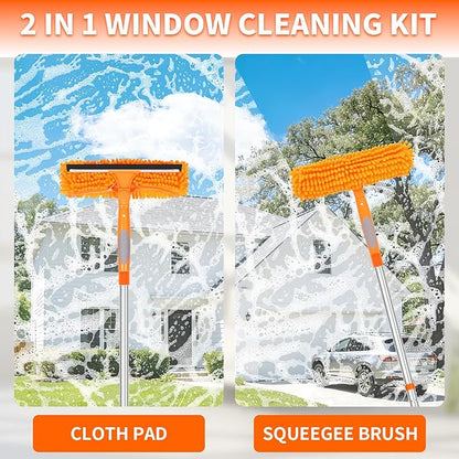 109" Window Cleaning Squeegee Kit, Professional 2 in 1 Squeegee Window Cleaner with Extension Pole, Window Washing Kit with 2 Blade 2 Pads for Indoor & Outdoor High Windows Car Glass