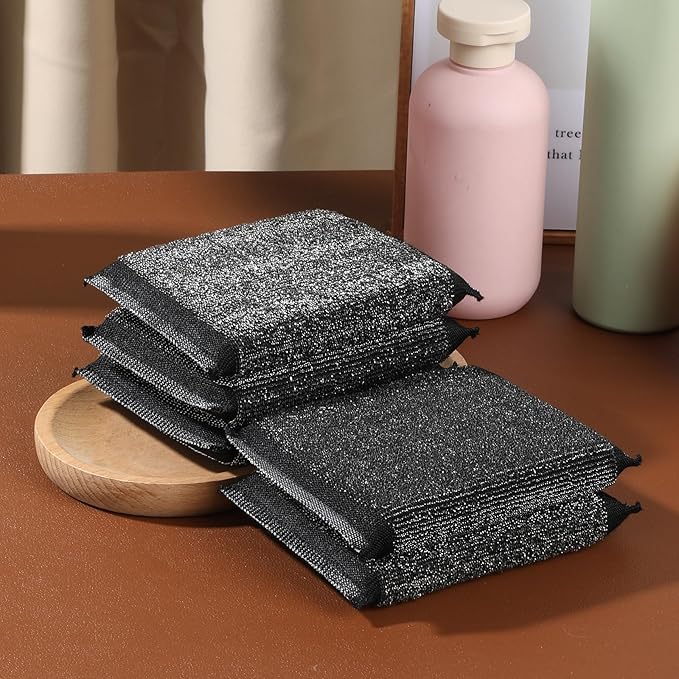 Steel Wool Scrubber 6 Pack Steel Wool Scrub Sponges Kitchen Reusable Metal Dish Scrubber for Dishes Pots Pans Black
