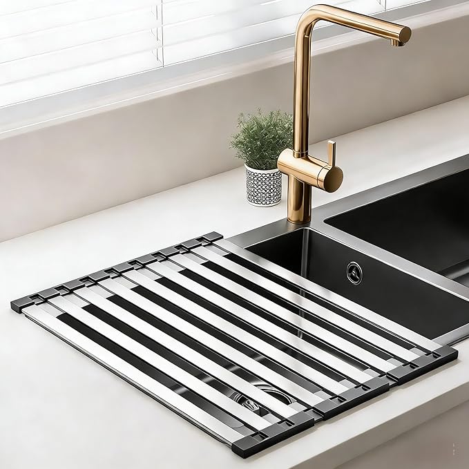 Over The Sink Kitchen Dish Drying Rack Organizer - Stainless Steel Collapsible Non-Slip Space-Saving [19.69 * 12.8IN] - Rust-Resistant Heat-Resistant Sturdy - Easy to Clean