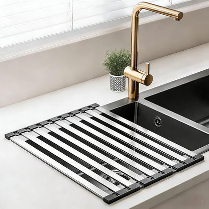 Over The Sink Kitchen Dish Drying Rack Organizer - Stainless Steel Collapsible Non-Slip Space-Saving [23.26 * 12.8IN] - Rust-Resistant Heat-Resistant Sturdy - Easy to Clean