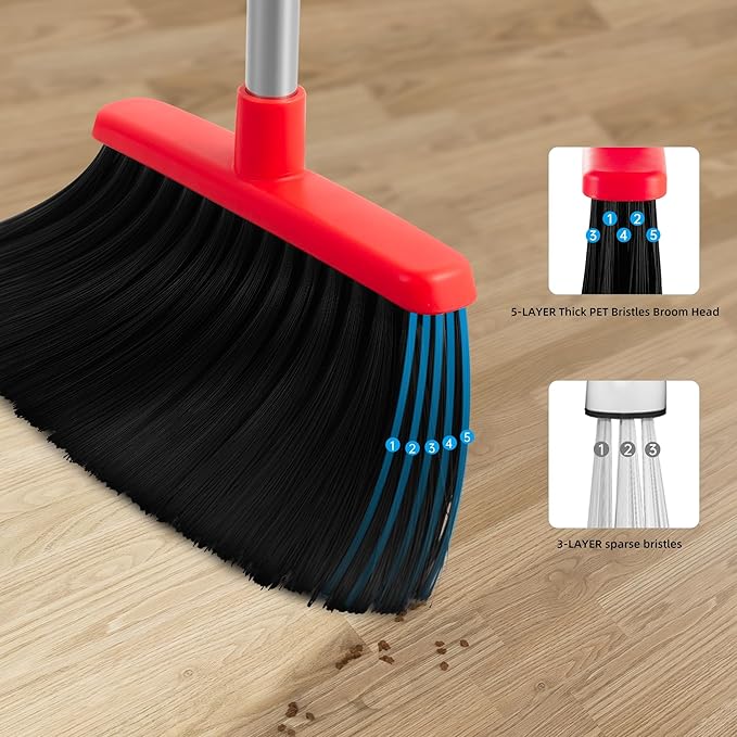 Broom with Dustpan Combo Set for Home 52-in Long Adjustable Handle Angle Broom and Dustpan Set with Dustpan Comb Teeth for Sweeping Pet Hair Food Dirt Kitchen (Black) (Black)
