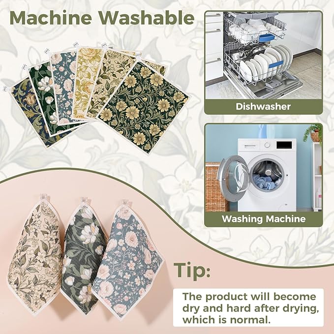 Needbrock 6 Pack William Morris Swedish Dishcloths for Kitchen,Swedish Rags Dish Towels with Clips, Reusable Paper Towel Absorbent Cellulose Sponge Cloths No Odor for Cleaning Home Kitchen