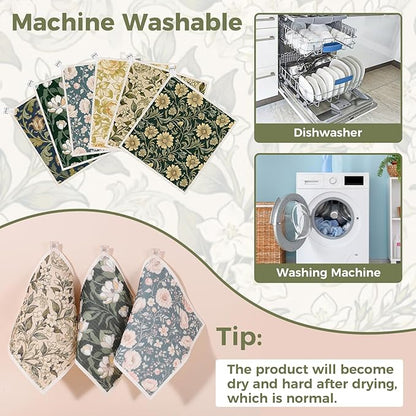 Needbrock 6 Pack William Morris Swedish Dishcloths for Kitchen,Swedish Rags Dish Towels with Clips, Reusable Paper Towel Absorbent Cellulose Sponge Cloths No Odor for Cleaning Home Kitchen