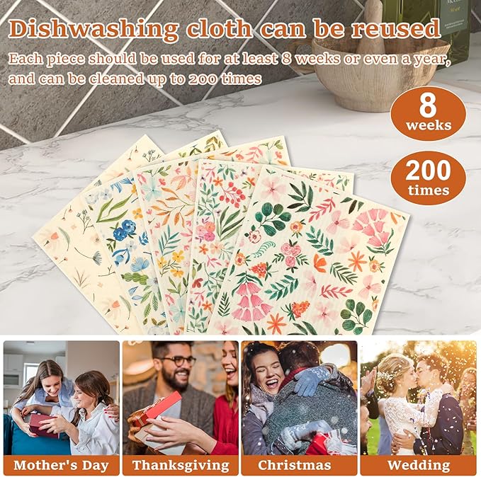 5Pcs Swedish Dishcloths for Kitchen, Quick-Drying Reusable Paper Towels, Absorbent Washable Kitchen Dish Rags, Soft Cellulose Sponge Cloths for Countertop Sink Flower Bird (5pcs Flowers)