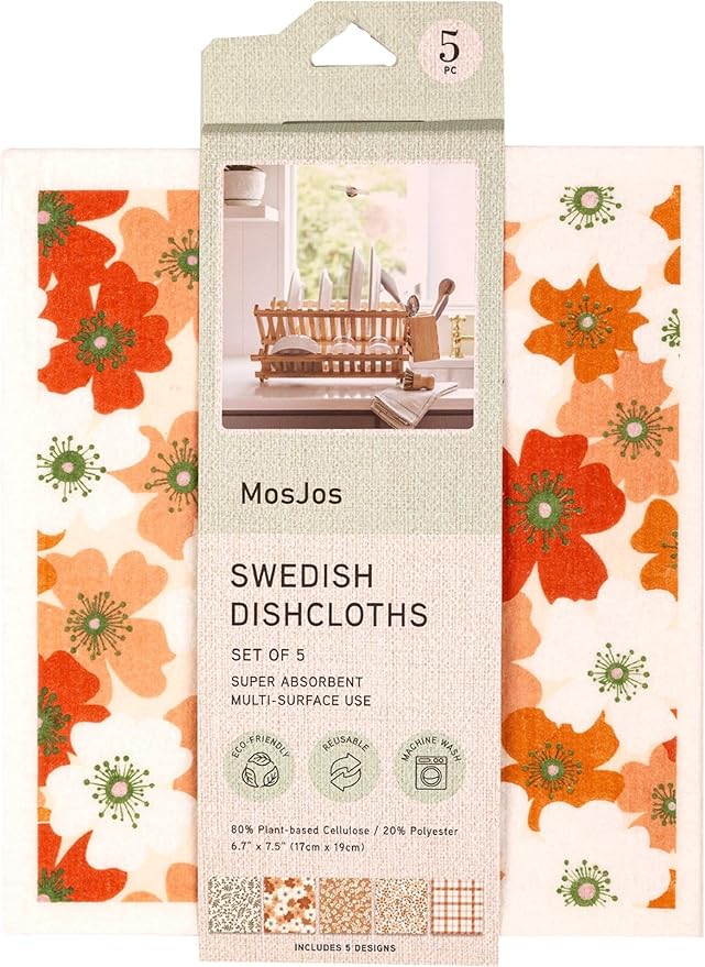 Swedish Dishcloths, Vintage Plant-Based Cellulose, 6.7x7.5 Inch, Super Absorbent, Multi-Surface, Machine Washable, Reusable, 5 Pack (Orange Green)