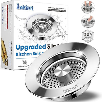 Upgraded 3 in 1 Kitchen Sink Drain Strainer - Stainless Steel Sink Stopper, Anti-Clogging Food Catcher Basket, Sink Bounce Core Drain Strainer Plug for US Standard 3 1/2 inch Drain (Mirror Silver)