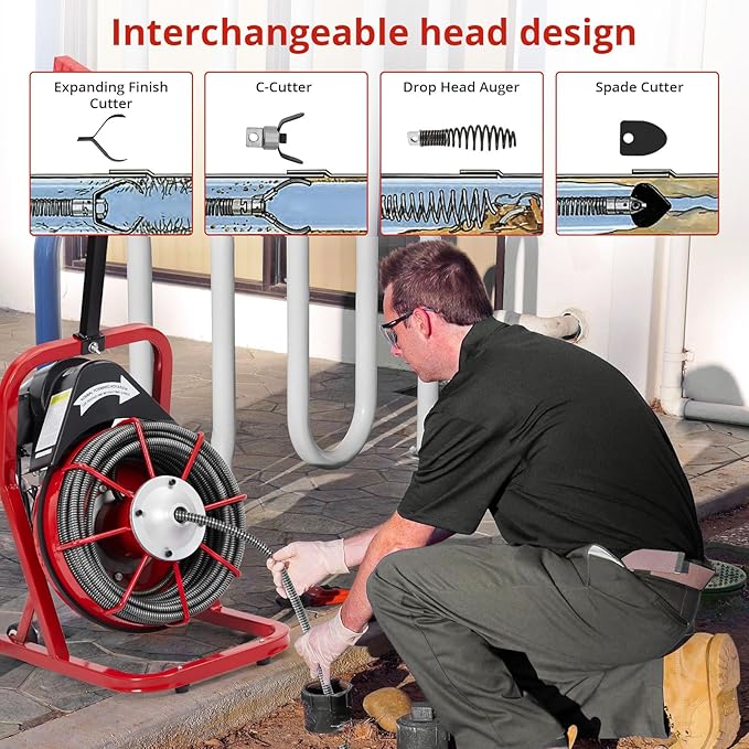 Drain Cleaner Machine 50FT x 3/8 Inch, Powerful Plumbing Auger with 4 Cutter Heads, Air-Activated Foot Switch, Gloves, Portable Sewer Snake for 1"-4" Pipes, Ideal for Bathroom and Kitchen Clogs
