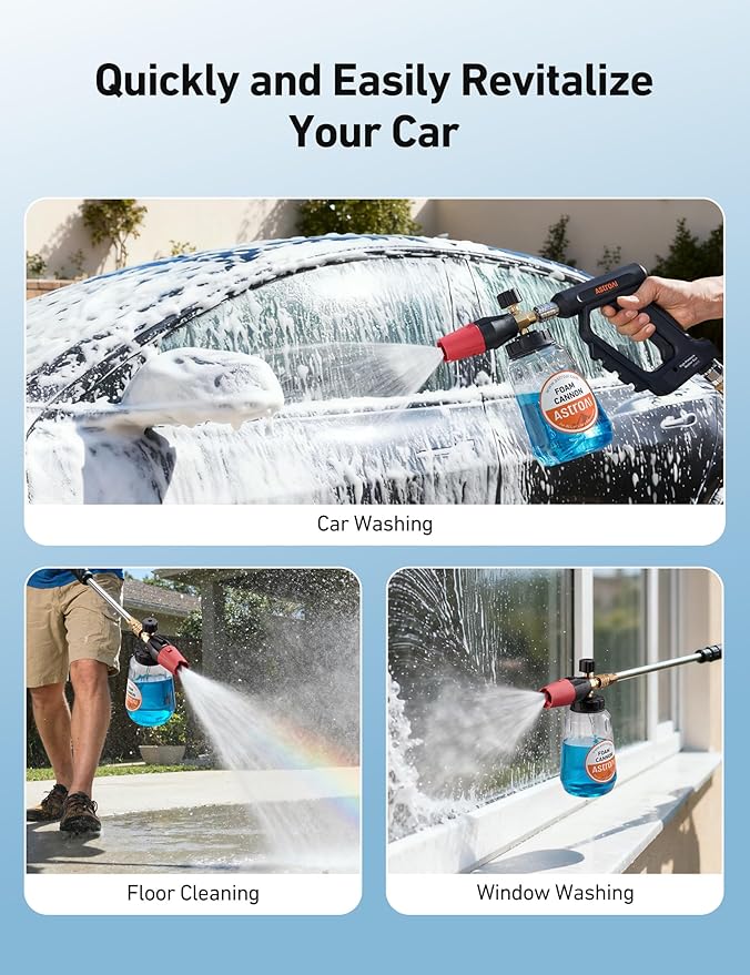 AstroAI Foam Cannon for Pressure Washer, Snow Clear Foam Cannon, Wide Neck Foam Blaster Adjustable Nozzle for Car Wash Accessories, with 1/4 Inch Quick Connector,1 L Clear Bottle