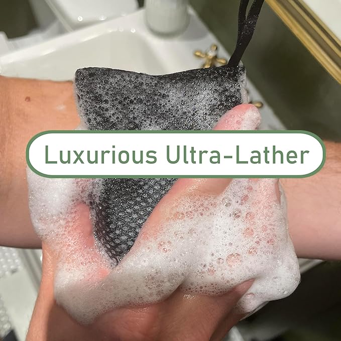 Soap Bag 100% Recycled - Soap Saver Pouch, Loofah Bath Scrubber for Bar Soap + Exfoliator (2-Pack Combo, Gentle and Deep Exfoliation)