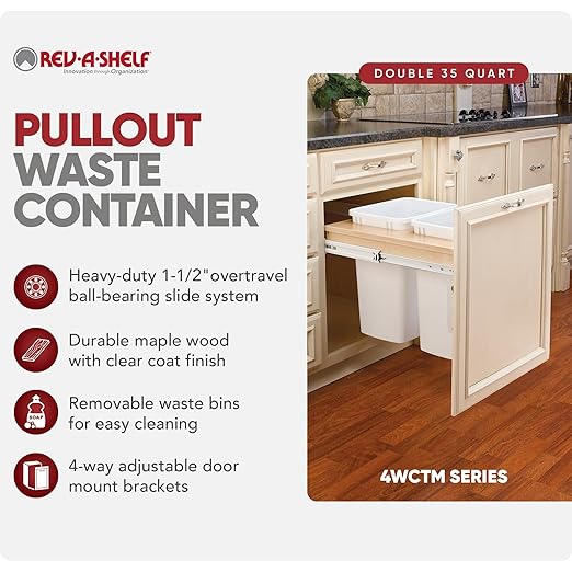 Rev-A-Shelf Top Mount Double Pullout Under Cabinet 35 Quart Kitchen Trash Cans, 150 Pound Rated Full-Extension Slides, 4WCTM-21DM2-495-FL