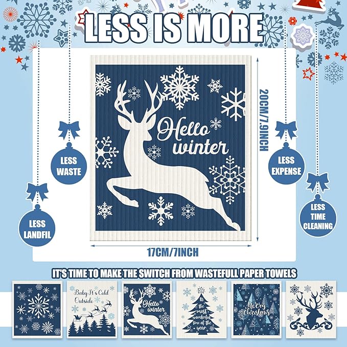 Cunhill 6 Pcs Swedish Kitchen Dish Cloths Kitchen Towels Reusable Sponge Cleaning Cloths Wipes Absorbent Dish Cloth Quick Drying Washable Decorative Tea Towels No Odor Bar Hand Towel (Blue Christmas)