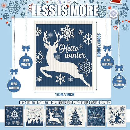 Cunhill 6 Pcs Swedish Kitchen Dish Cloths Kitchen Towels Reusable Sponge Cleaning Cloths Wipes Absorbent Dish Cloth Quick Drying Washable Decorative Tea Towels No Odor Bar Hand Towel (Blue Christmas)