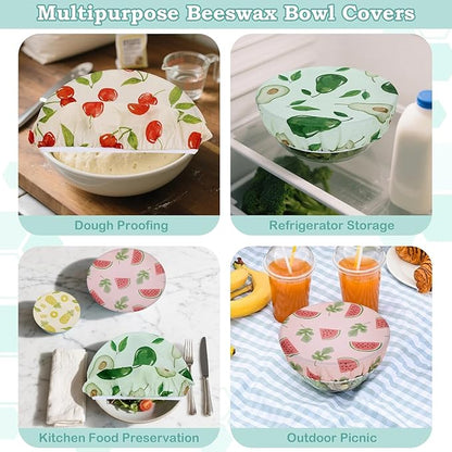 5-Size Reusable Beeswax Bowl Covers for Bread Proofing, Cotton Cloth Flexible Beeswax Wraps for Food Storage(Colored Fruit)
