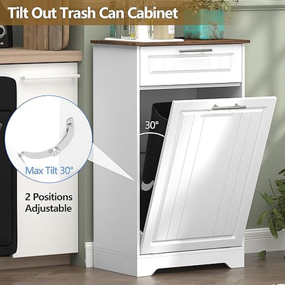 Single 10 Gallon Tilt Out Trash Can Cabinet with Deodorizing Function, Wooden Hidden Garbage Can Holder with Storage Drawers for Kitchen and Dining Room, Laundry Hamper Cabinet for Bathroom, White