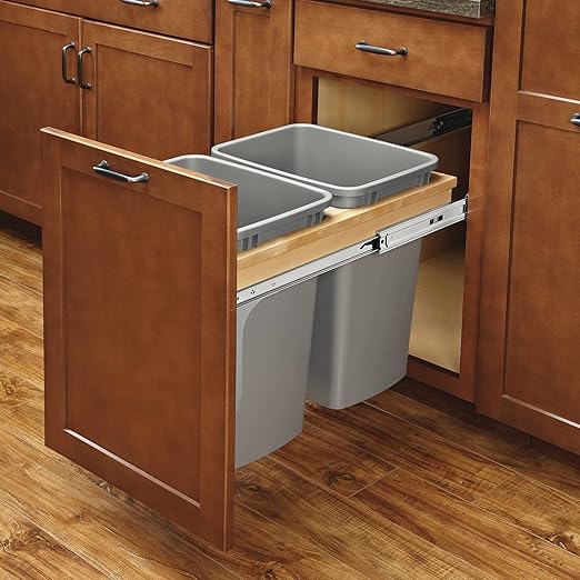 Rev-A-Shelf 35 Qt Top Mount Double Pullout Under Cabinet Kitchen Trash Cans w/Soft-Close for Base Cabinets,150 Pound Rated Full-Extension Slides, Min Opening Width of 15", Silver, 4WCTM-18BBSCDM2