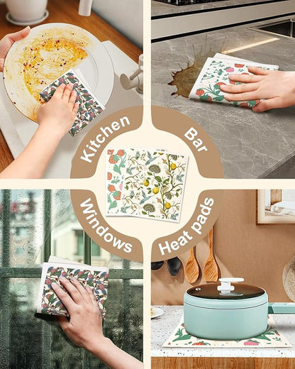 Miss Adola Kitchen Swedish Dishcloths with Hooks - 6 Pack Reusable Dish Cloths for Washing Dishes Fast Drying Cute Fun Swedish Dish Towels Washable Cleaning Sponge, Trees Fruits