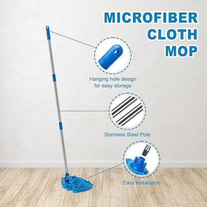 KeFanta Mop, Microfiber Cloth Mops for Floor Cleaning, One Pole with Two Microfiber Cloth Wet Mop Refills, String Mop with 49" Long Handle, Blue (1 Handle & 2 Mop Heads)