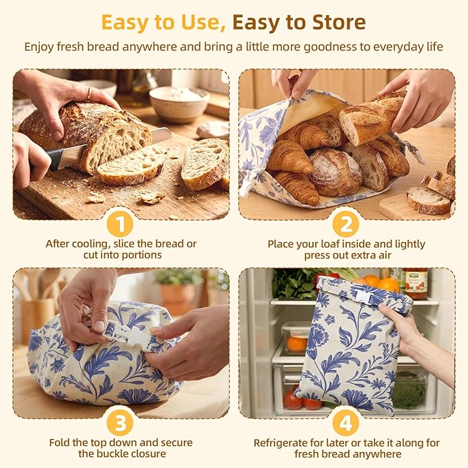 2 Pack Beeswax Bread Bags for Homemade Sourdough Bread, Includes 2 Wraps, 17×13 Inches Organic Cotton Bread Storage Bags, Keeps Bread Fresh, Ideal for Bakers, Kitchen, Travel