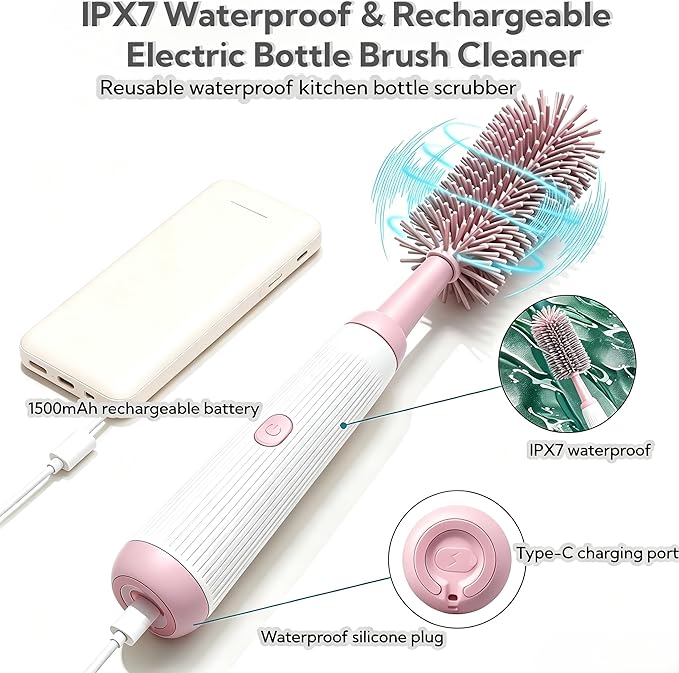 Electric Bottle Brush Set, 6-in-1 Electric Cleaning Brush with Waterproof Silicone Cleaner, 3 Replaceable Brush Heads, Straw Brush & Extension Rod, for Baby Feeding Accessories and Kitchen Utensils