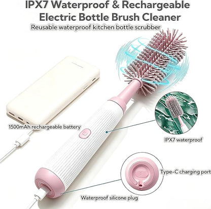 Electric Bottle Brush Set, 6-in-1 Electric Cleaning Brush with Waterproof Silicone Cleaner, 3 Replaceable Brush Heads, Straw Brush & Extension Rod, for Baby Feeding Accessories and Kitchen Utensils
