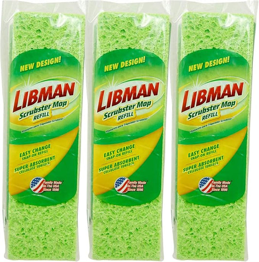 Libman Scrubster Mop Refill Pack, Three #3105 Refills Extra-Absorbent, Cellulose Coated Sponge Replacement Heads for The Libman Scrubster Mop, 3 Pack