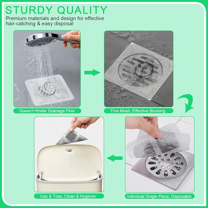 WMHXYY 60 Pack Disposable Shower Drain Hair Catcher Mesh Stickers, Square 3.93 Inches, Suitable for Drain Strainers in Bathrooms, Bathtubs, Kitchen Sinks, Washbasins.
